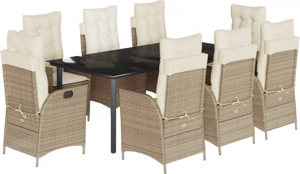 vidaXL Set de masă pentru grădină, 9 piese, cu perne, bej, poliratan