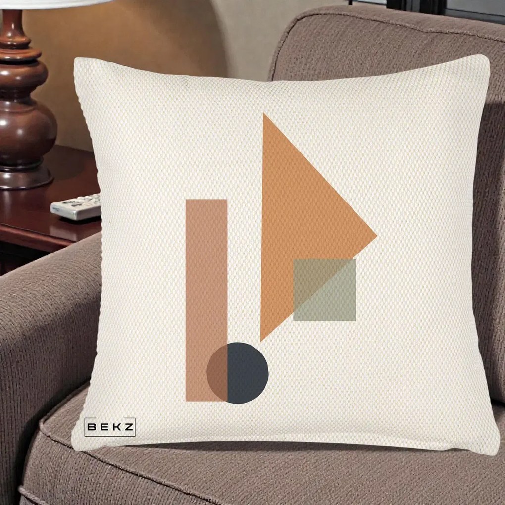 Perna Decorativa Geometric Bauhaus Triunghi, 40x40 cm, Crem Reliefat, Husa Detasabila, Perna Inclusa, BEKZ®