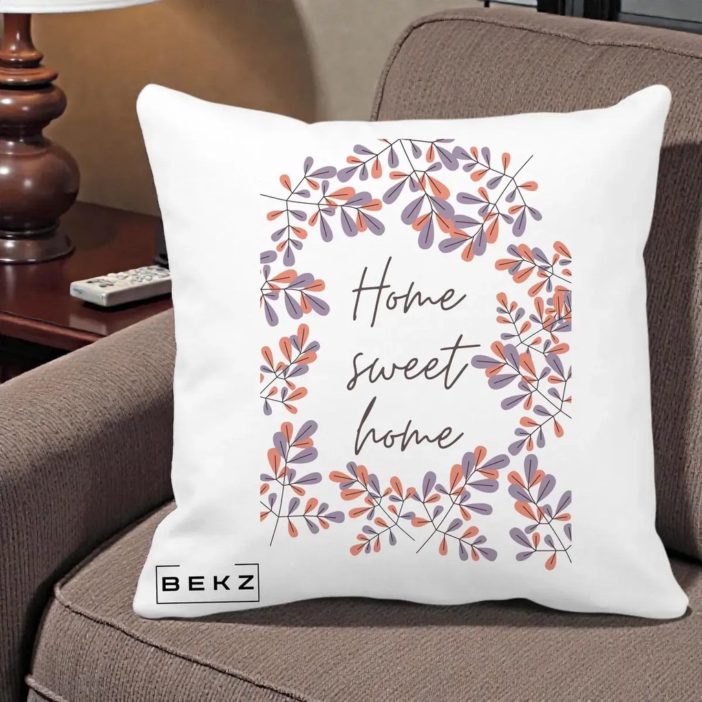 Perna decorativa Home Sweet Home Frunze Colorate, 40x40 cm cu Umplutura, Alb Mat, BEKZ
