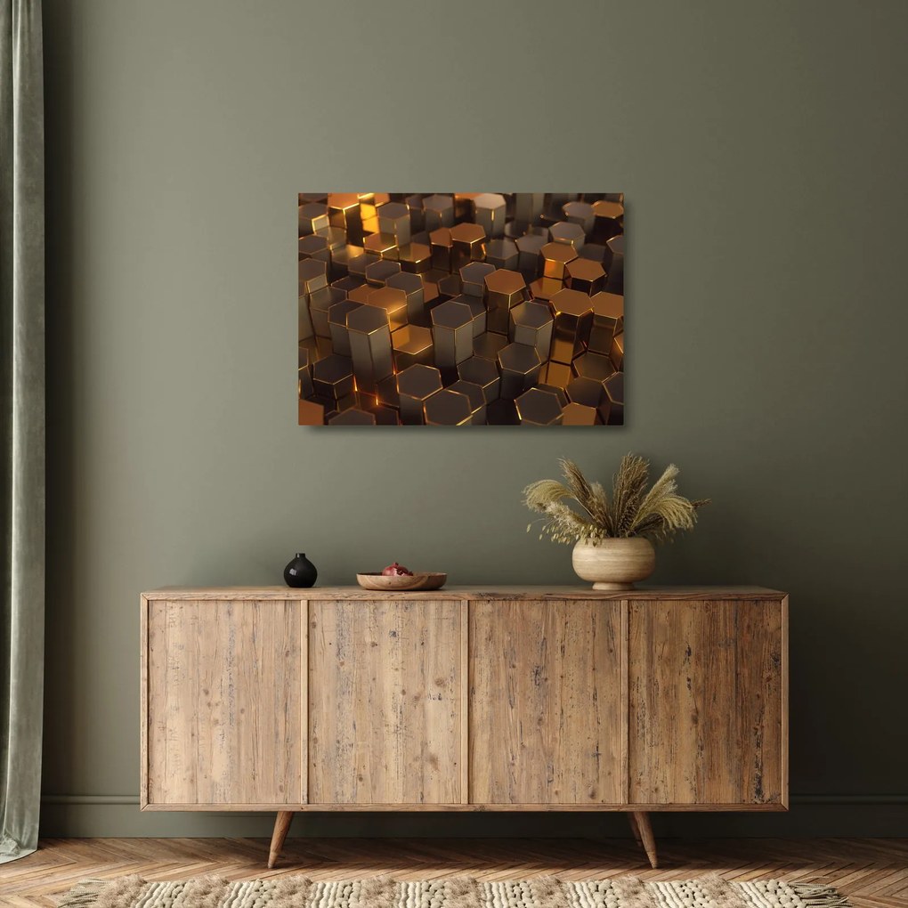 Tablou pe sticlă - Hexagoane de bronz (70x50 cm)