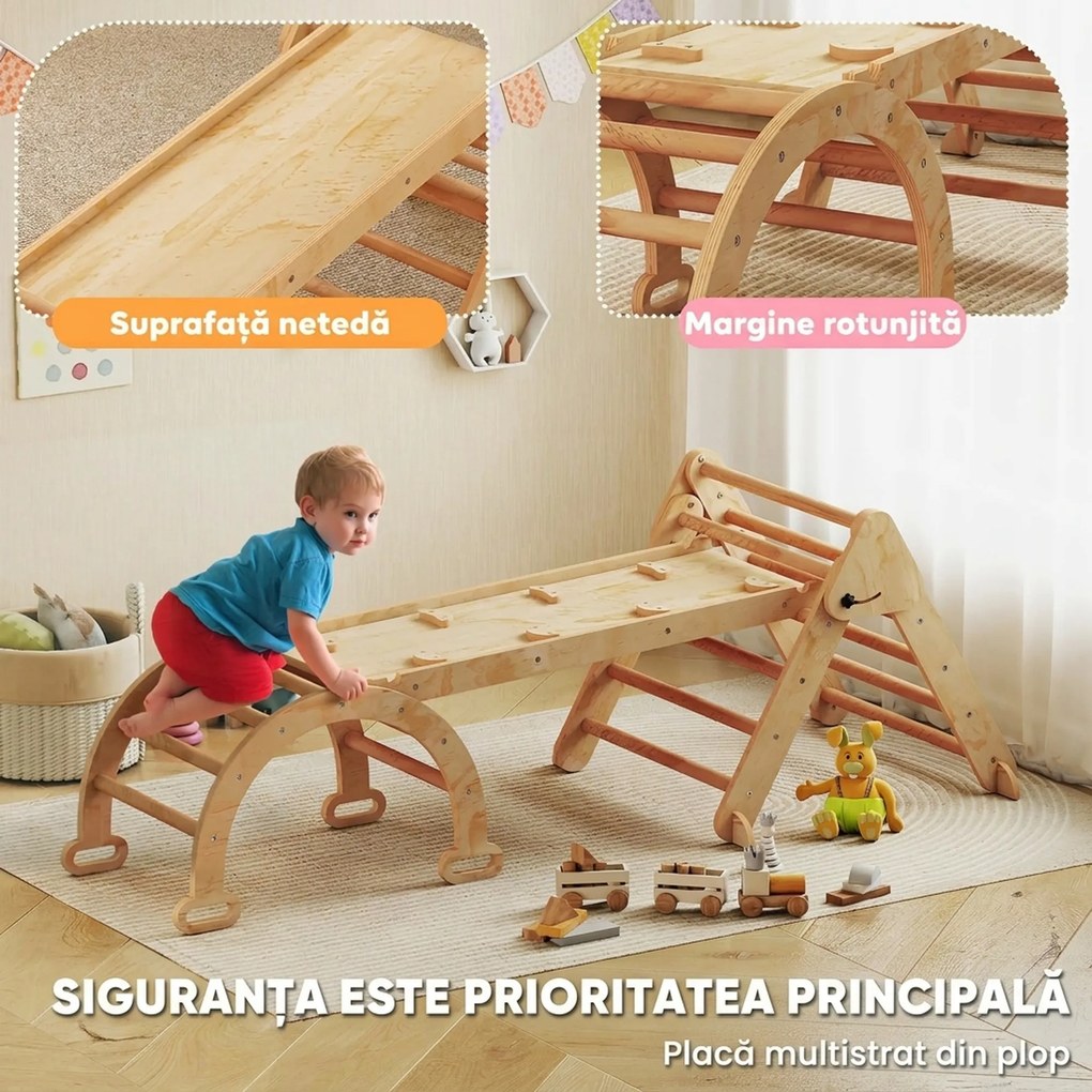 AIYAPLAY Joc pentru Copii 5 în 1 cu Triunghi, Tobogan Neted și Arc, din Lemn de Plop și Pin, 188x70x59 cm | Aosom Romania