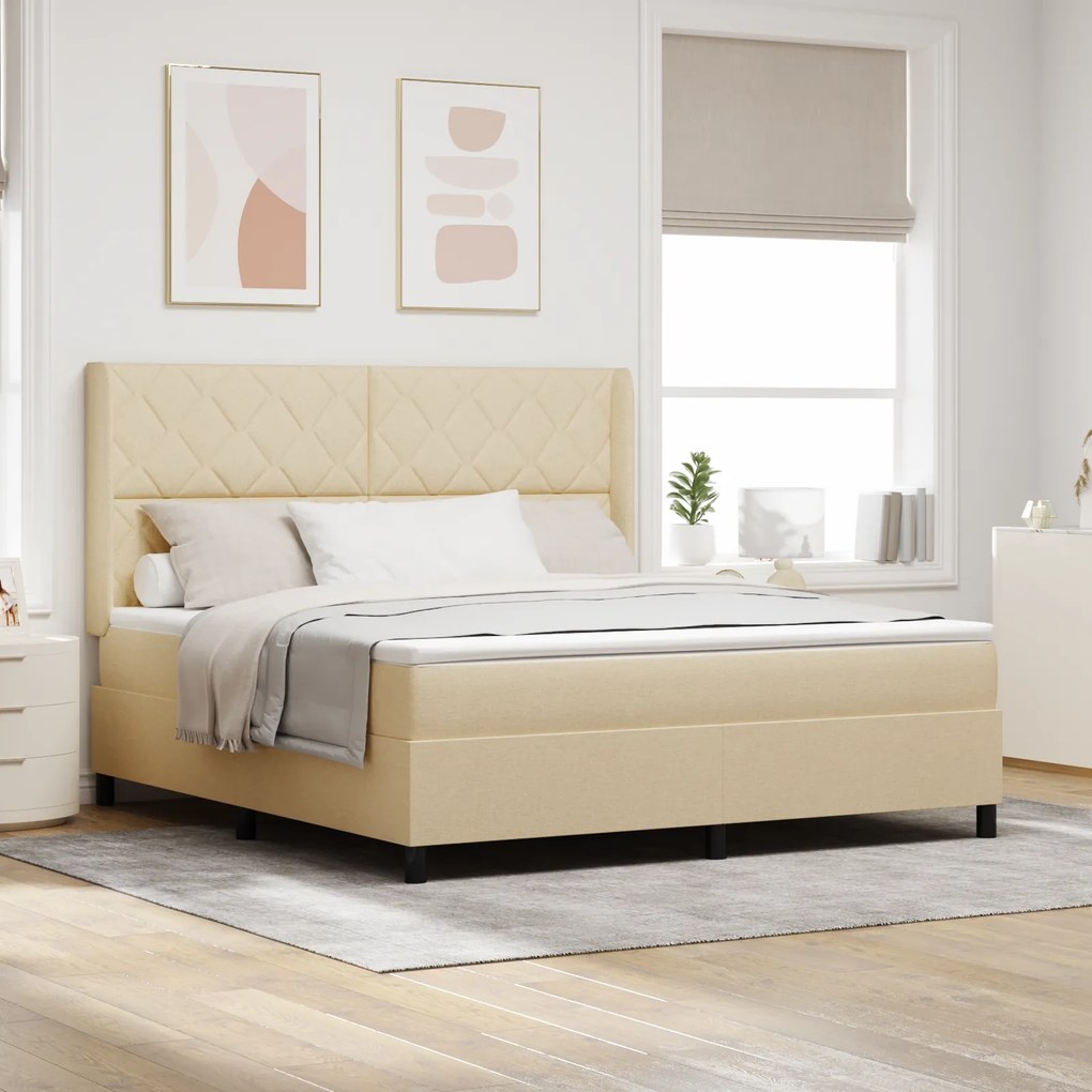vidaXL Pat cu saltea cu arcuri &amp; LED Crem 180 x 200 cm, țesătură