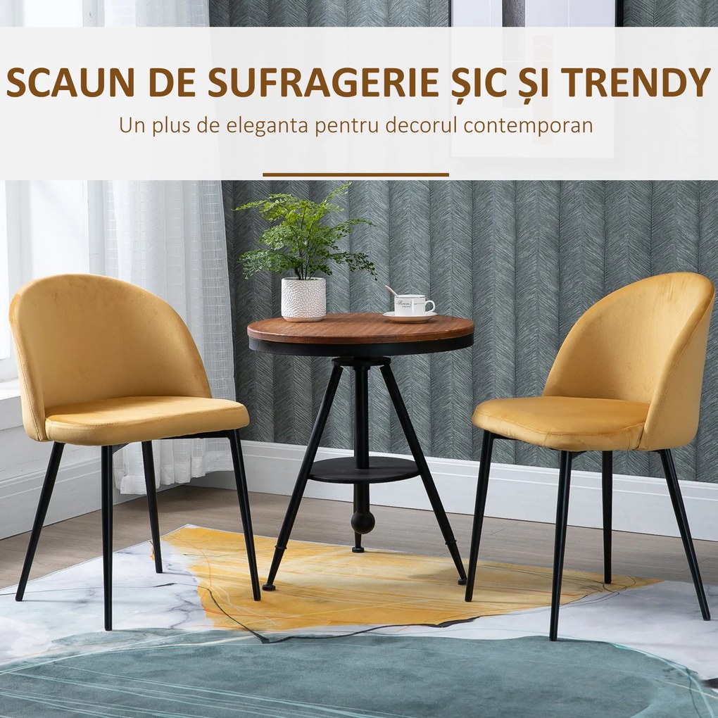 HOMCOM Set 2 Scaune Elegante pentru Sufragerie și Bucătărie Tapitate cu Catifea Galbenă Design Confortabil 49x50x77 cm | Aosom Romania