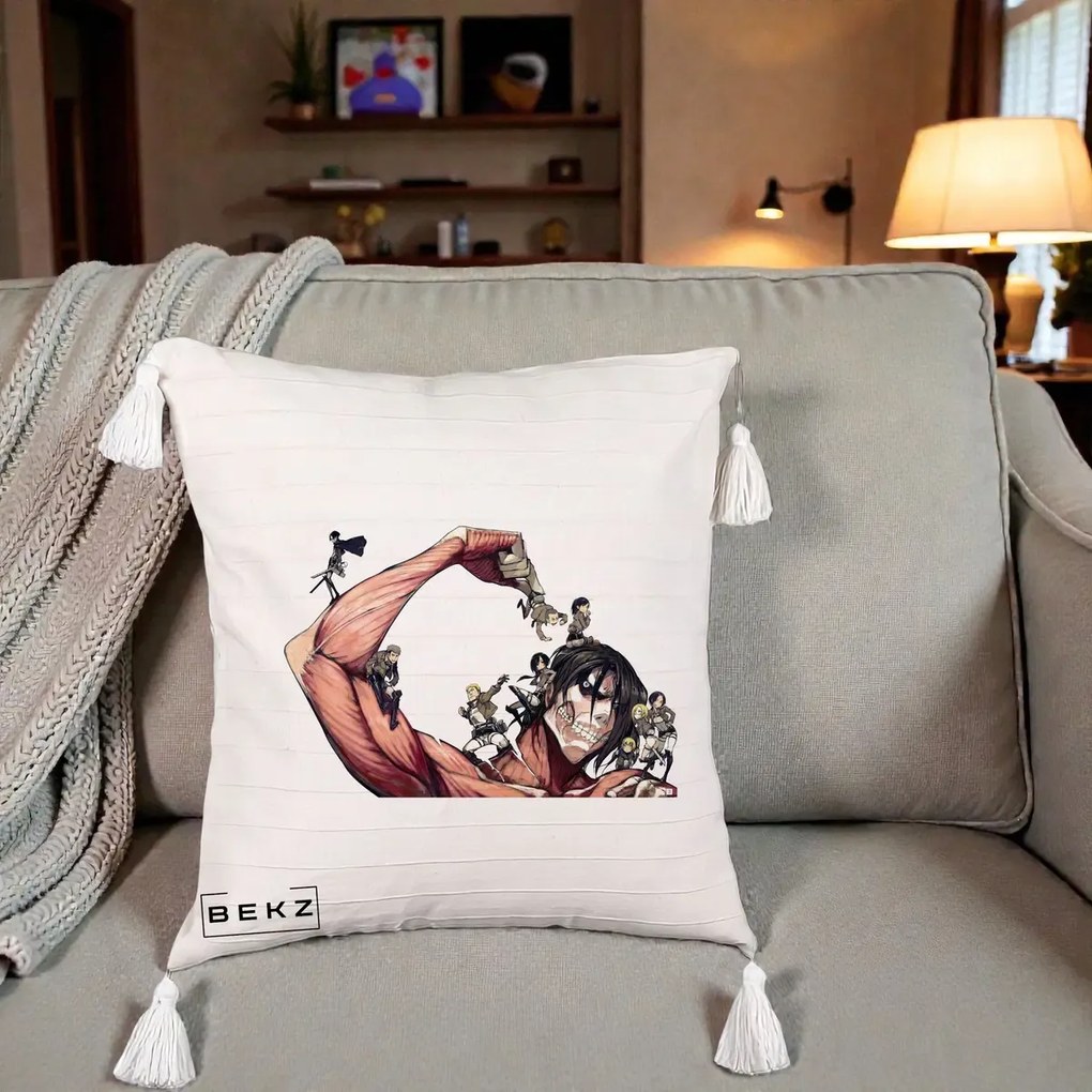 Perna Personalizata Attack on Titan Eren Titan Grup, 40x40 cm, Bej cu Franjuri, Husa Detasabila, Perna Inclusa, BEKZ®