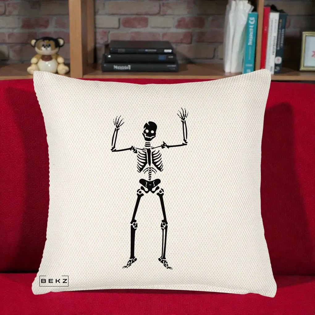 Perna Decorativa Halloween Schelet Dansator, 40x40 cm, Crem Reliefat, Husa Detasabila, Perna Inclusa, BEKZ®