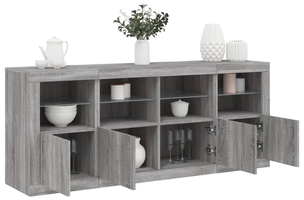 vidaXL Servantă cu lumini LED, gri sonoma, 163x37x67 cm