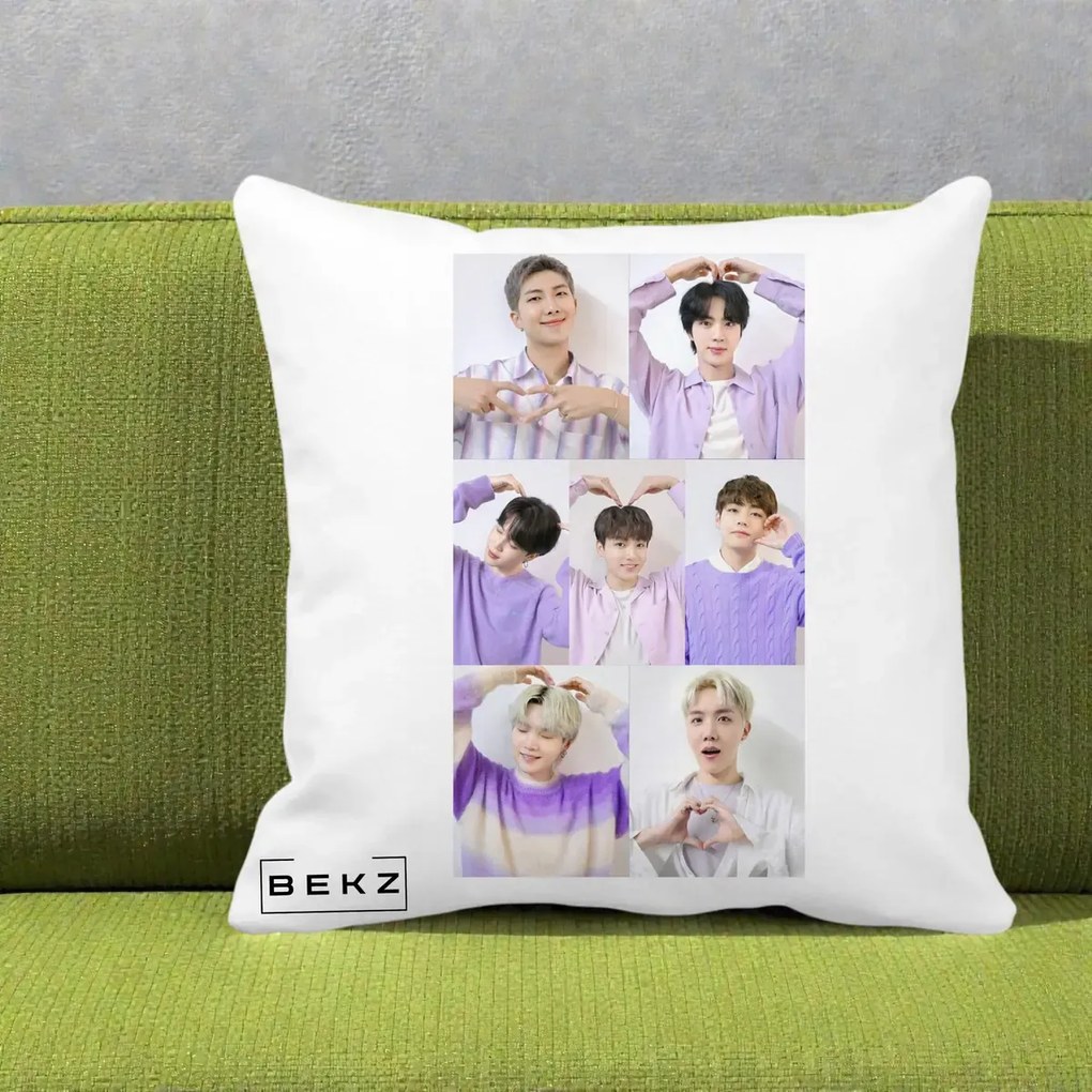 Perna Personalizata K-pop BTS Colaj 7 Portrete cu Inimi Lila, 40x40 cm, Alba Mata, Husa Detasabila, Perna Inclusa, BEKZ®