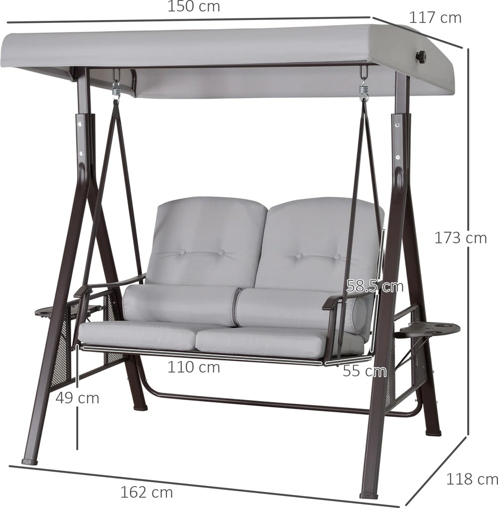 Outsunny leagăn Hollywood 2 locuri pentru grădină cu acoperiș, pernă și tăviță, metal, poliester, gri, 162 x 118 x 173 cm | Aosom Romania