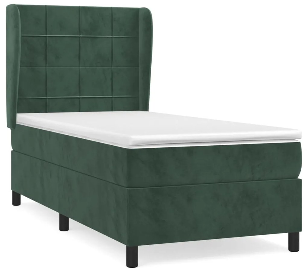 Pat box spring cu saltea, verde inchis, 90x190 cm, catifea Verde inchis, 90 x 190 cm, Cu blocuri patrate