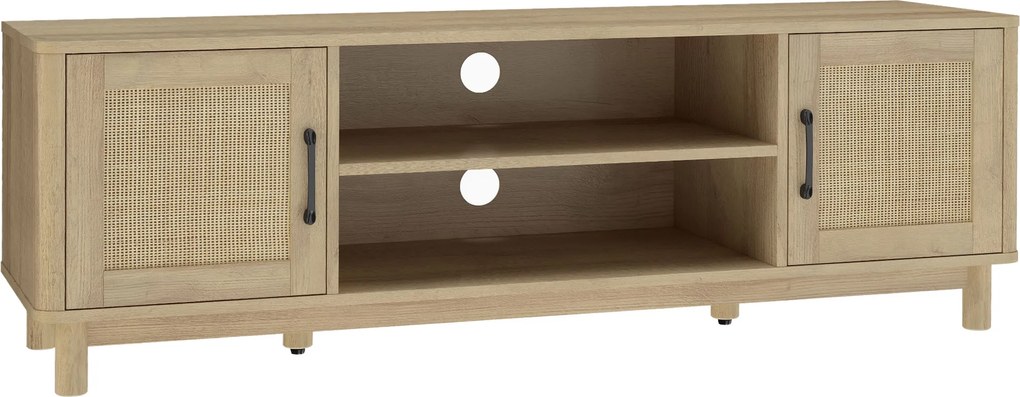 HOMCOM Comodă TV 135 cm, mobilier TV pentru televizor până la 165,1 cm cu 2 uși din ratan, 2 compartimente deschise, stejar | Aosom Romania