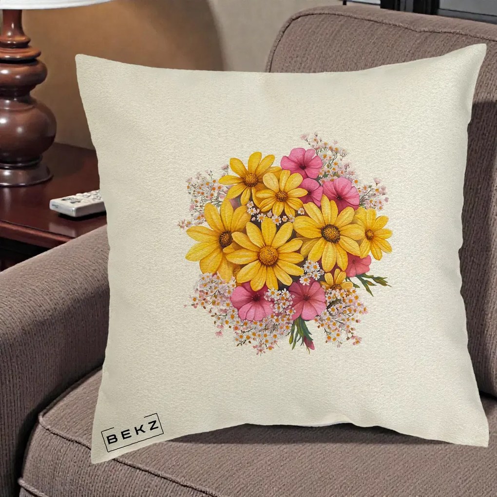 Perna Decorativa Floarea-Soarelui cu Cosmos Roz si Gypsophila, 40x40 cm, Ecru, Husa Detasabila, Perna Inclusa, BEKZ®