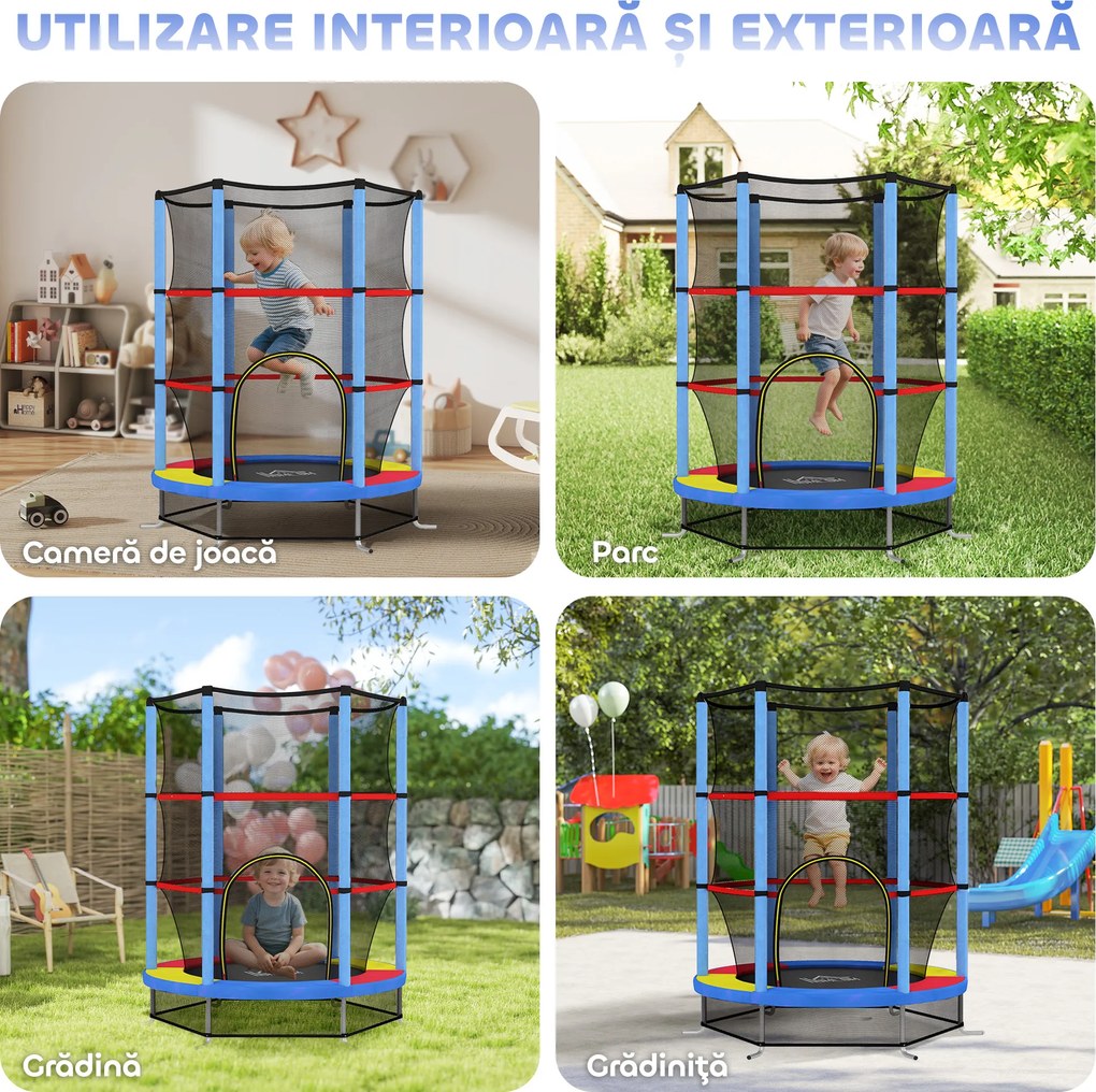 HOMCOM Saltea Elastică pentru Copii 3-6 Ani cu Plasă de Protecție, 6 Stâlpi și 3 Intrări, Ø140x190 cm, Multicolor | Aosom Romania