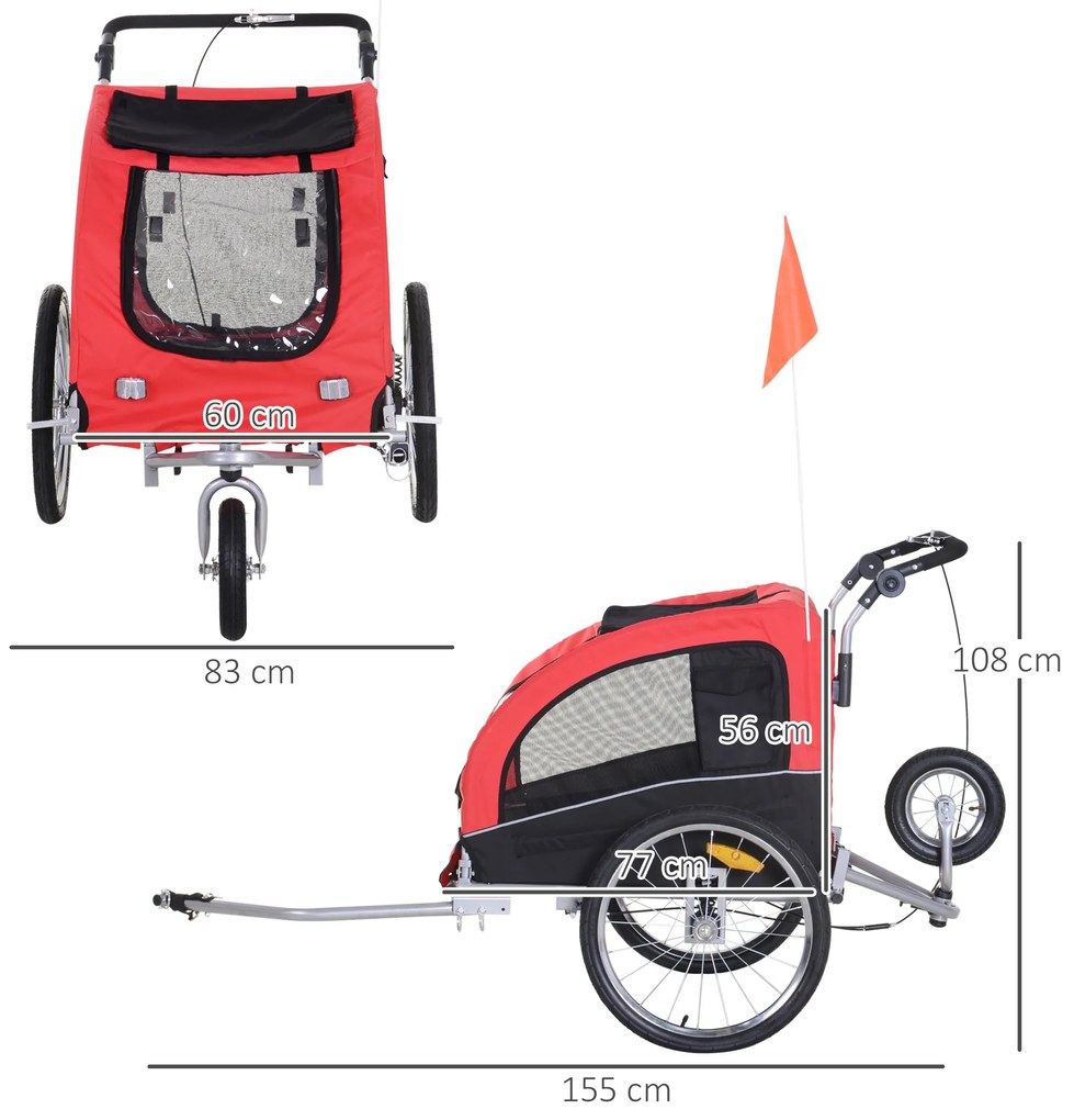 HOMCOM Remorcă pentru Bicicletă 2-în-1, Cărucior de Bicicletă pentru Animale, 155x83x108 cm, Roșu | Aosom Romania