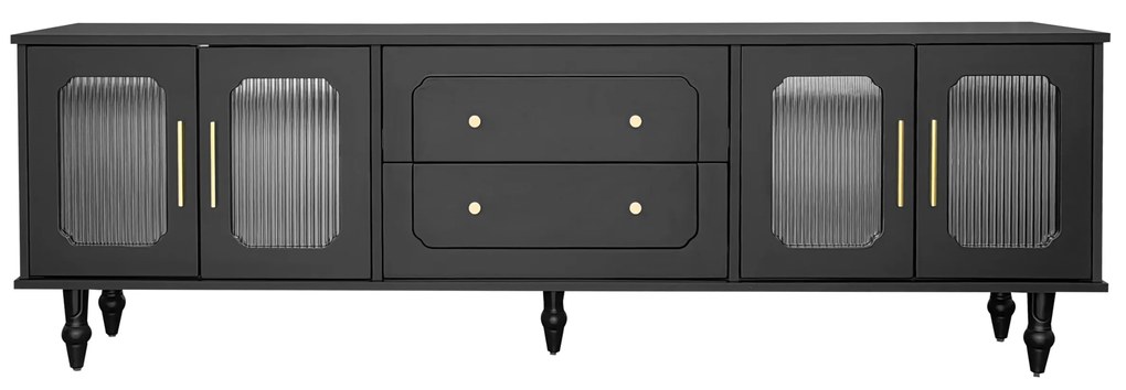 Mobilier TV Retro cu Mânere Aurii, Spațiu Generos de Depozitare, Ușă din Sticlă și Picioare din Lemn Masiv, 175x38x55,5 cm, Negru