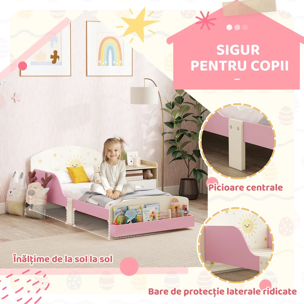 AIYAPLAY Pat copii mic, cadru cu design stele și spațiu de depozitare, roz | Aosom Romania