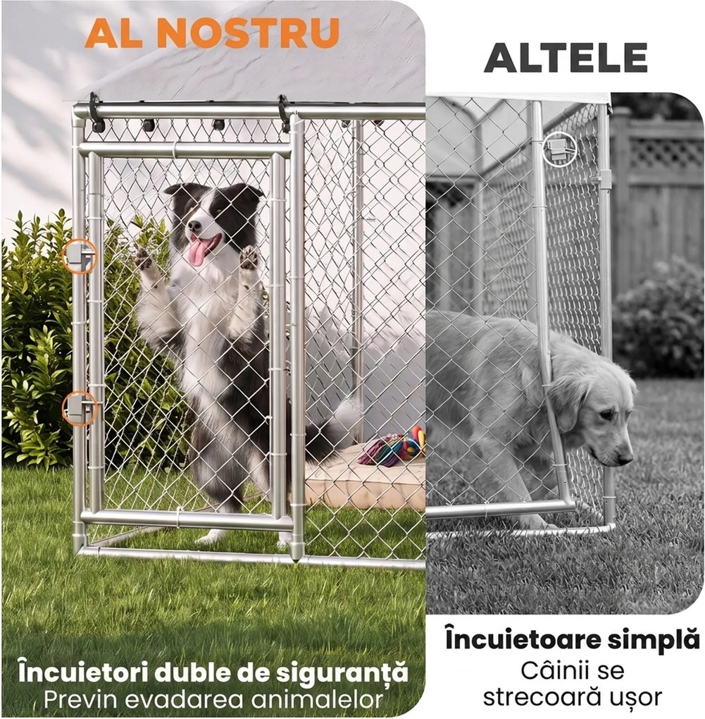 PawHut Țarc Exterior Oțel Galvanizat, Acoperiș Impermeabil Anti-UV, Închidere Dublă, Argintiu. | Aosom Romania