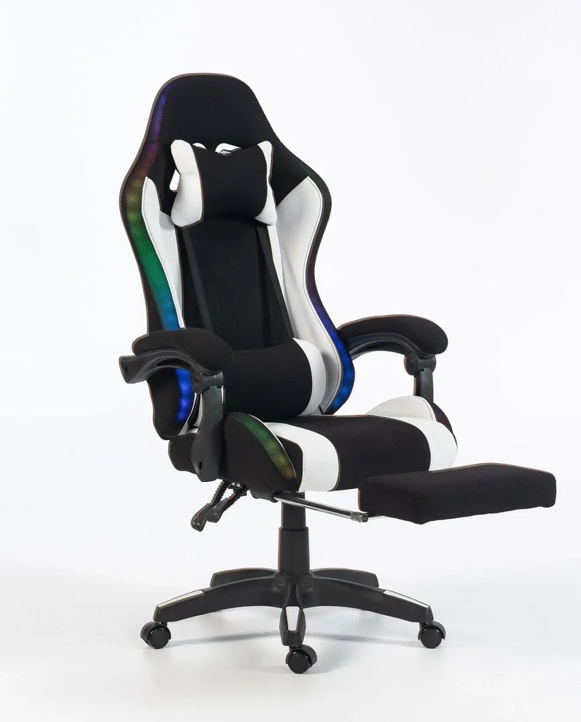 ALFORD Scaun gaming cu Masaj in 5 puncte, Perna lombara cu Masaj, Sistem iluminare banda LED RGB, Boxe Bluetooth, suport picioare, textil, Negru