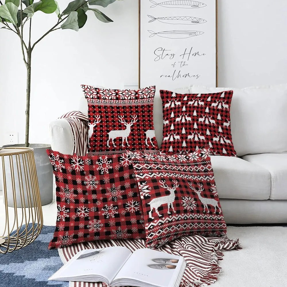 Set 4 fețe de pernă din chenille cu model de Crăciun Minimalist Cushion Covers Tartan, 55 x 55 cm