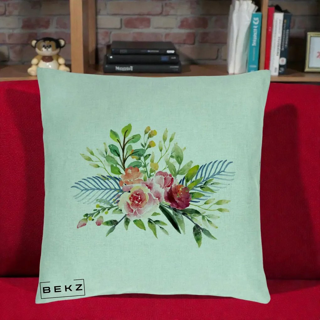 Perna Decorativa Buchet Flori Acuarela Roz-Verde, 40x40 cm, Verde Menta, Husa Detasabila, Perna Inclusa, BEKZ®