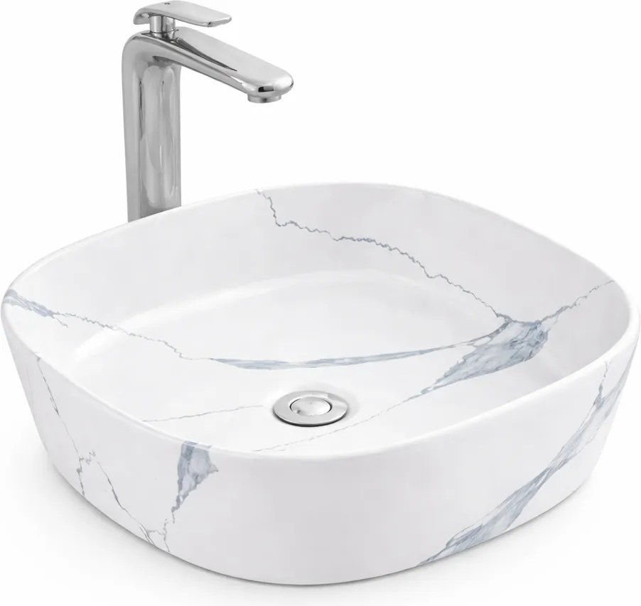 BERGAMO-M SLIM || Lavoar montat pe blat, ceramică, alb, cu model marmură, rotunjit