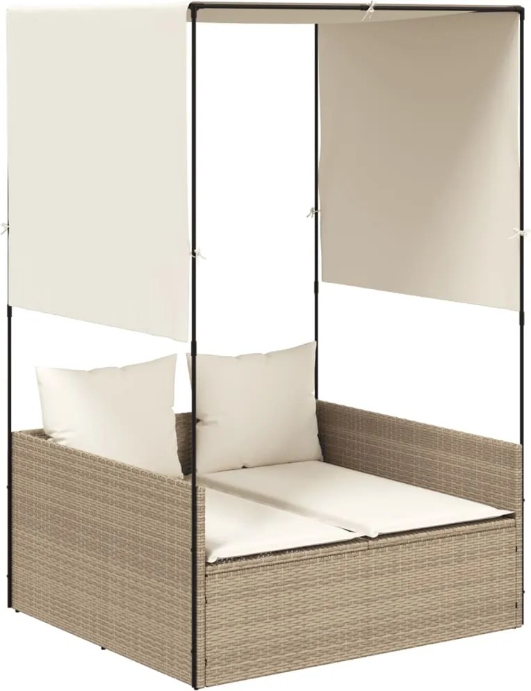 vidaXL Șezlong de plajă dublu cu acoperiș și perdele, bej, poliratan