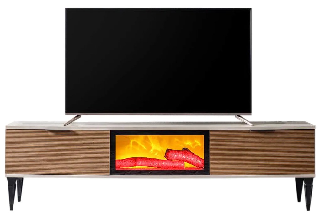 Comoda TV EMPOLI, cu semineu, bej + nuc, 180x36x50 cm