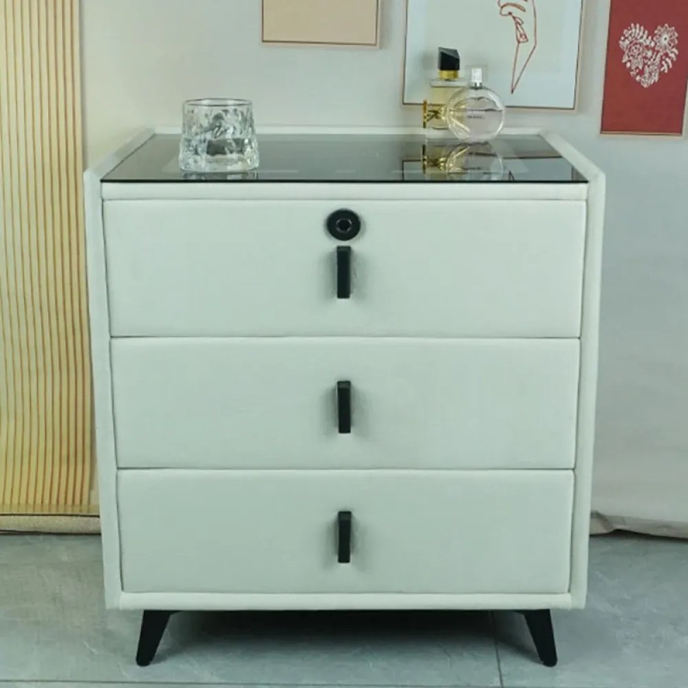Noptieră inteligentă multifuncțională, 3 sertare, blocare cu amprentă, LED-uri tactile, 3 tipuri de culoare, încărcare fără fir, Difuzor Bluetooth, incarcare USB, sticla securizata, catifea, Bej