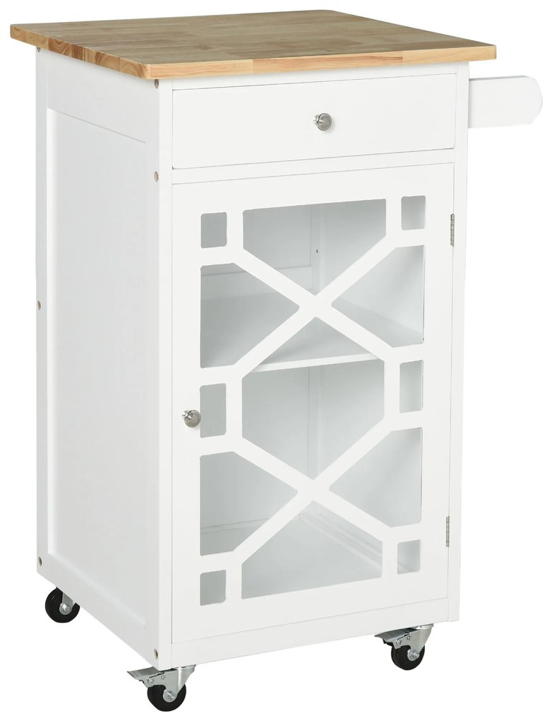 HOMCOM Cărucior de servire - cărucior pentru bucătărie pe roți - sertar, dulap, suport pentru prosoape - alb | Aosom Romania