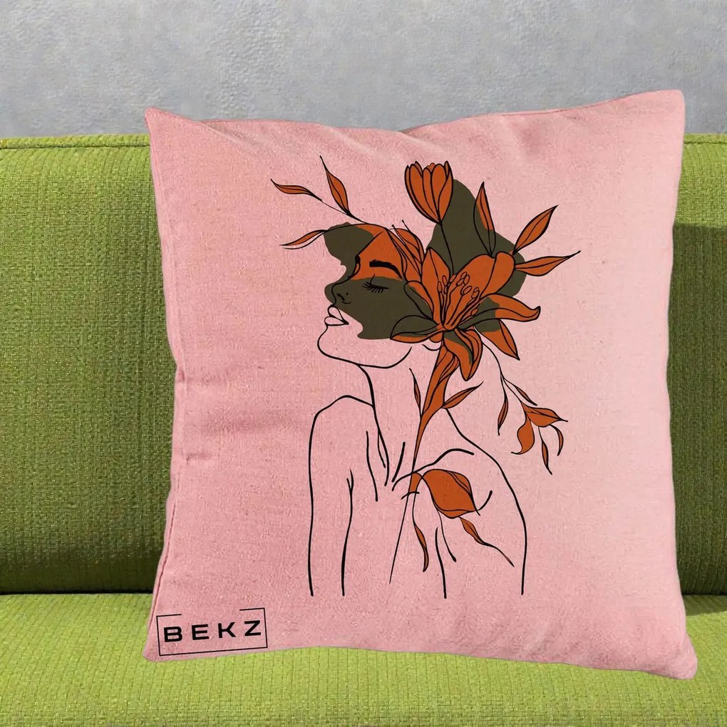 Perna Decorativa Portret Feminin Crin Auriu, 40x40 cm, Roz, Husa Detasabila, Perna Inclusa, BEKZ®