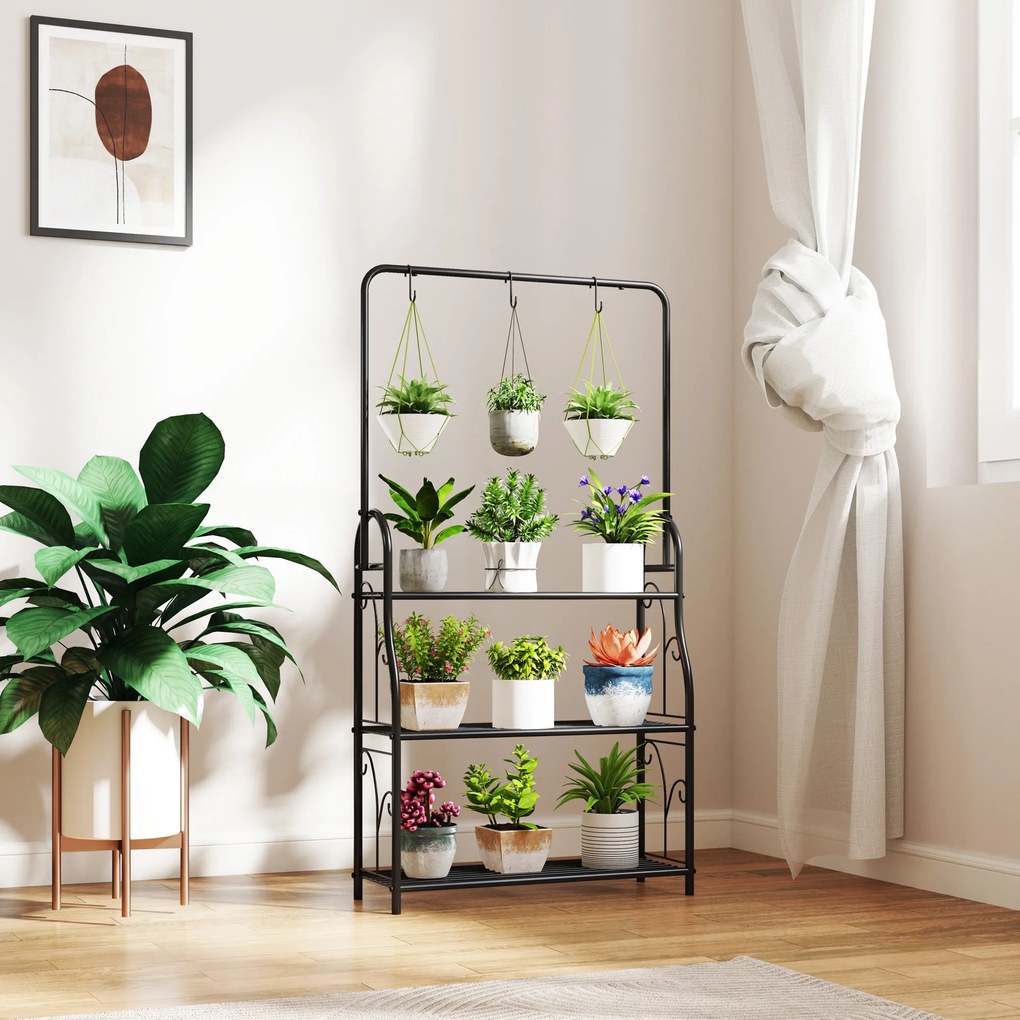 Outsunny Suport pentru Plante cu 3 Niveluri, cu Bară pentru Agățat și Cârlige, Raft Metalic pentru Ghivece și Flori, pentru Interior și Exterior, Balcon, Living, Dormitor, Negru | Aosom Romania