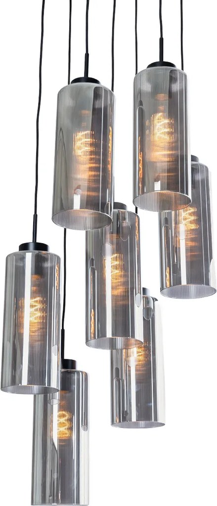Lampă suspendată Art Deco neagră cu sticlă fumurie cu 7 lumini - Laura