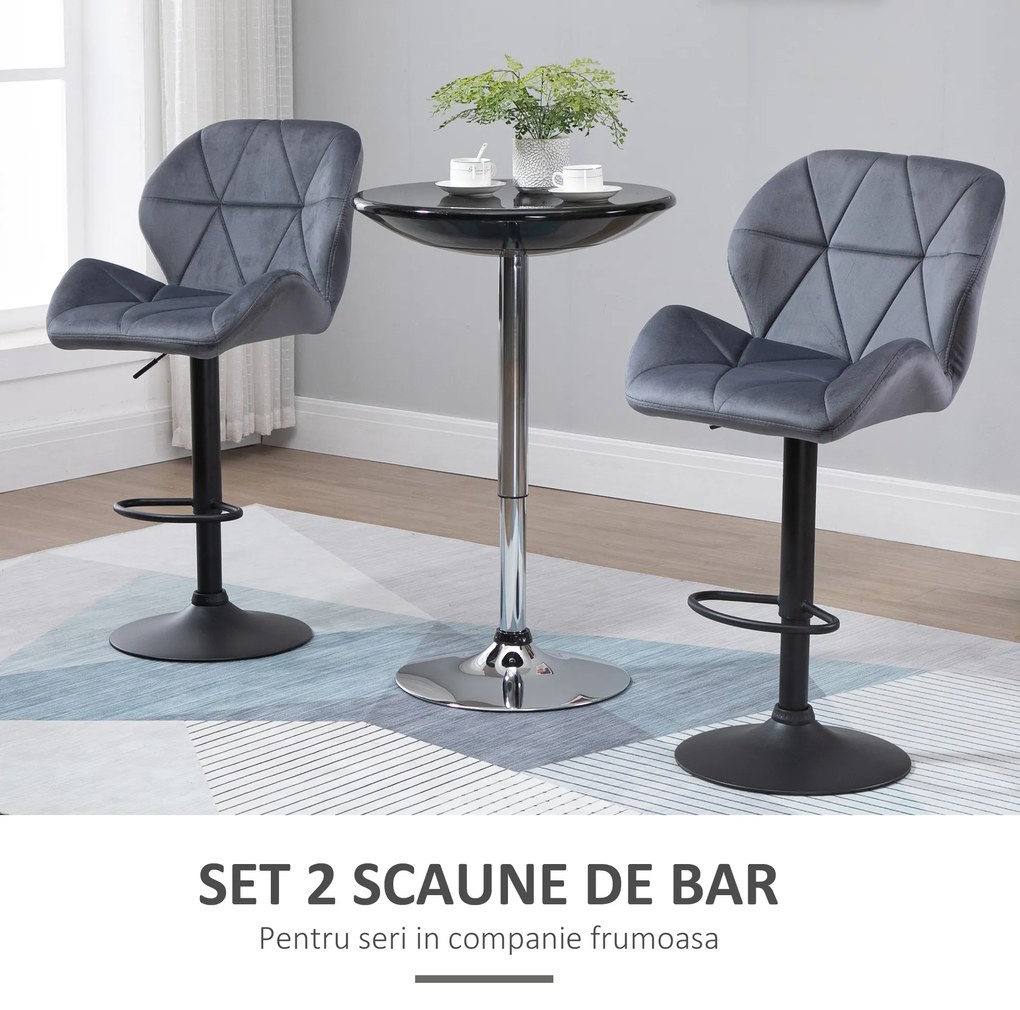 HOMCOM Set de 2 Scaune de Bar cu Înălțime Reglabilă, Bază Metalică și Șezut din Catifea, 51.5x57.5x93-114.5 cm, Gri | Aosom Romania