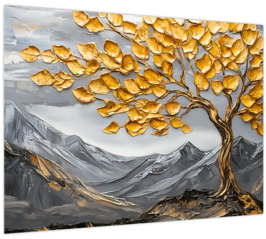 Tablou pe sticlă – Arbore cu frunze aurii (70x50 cm)