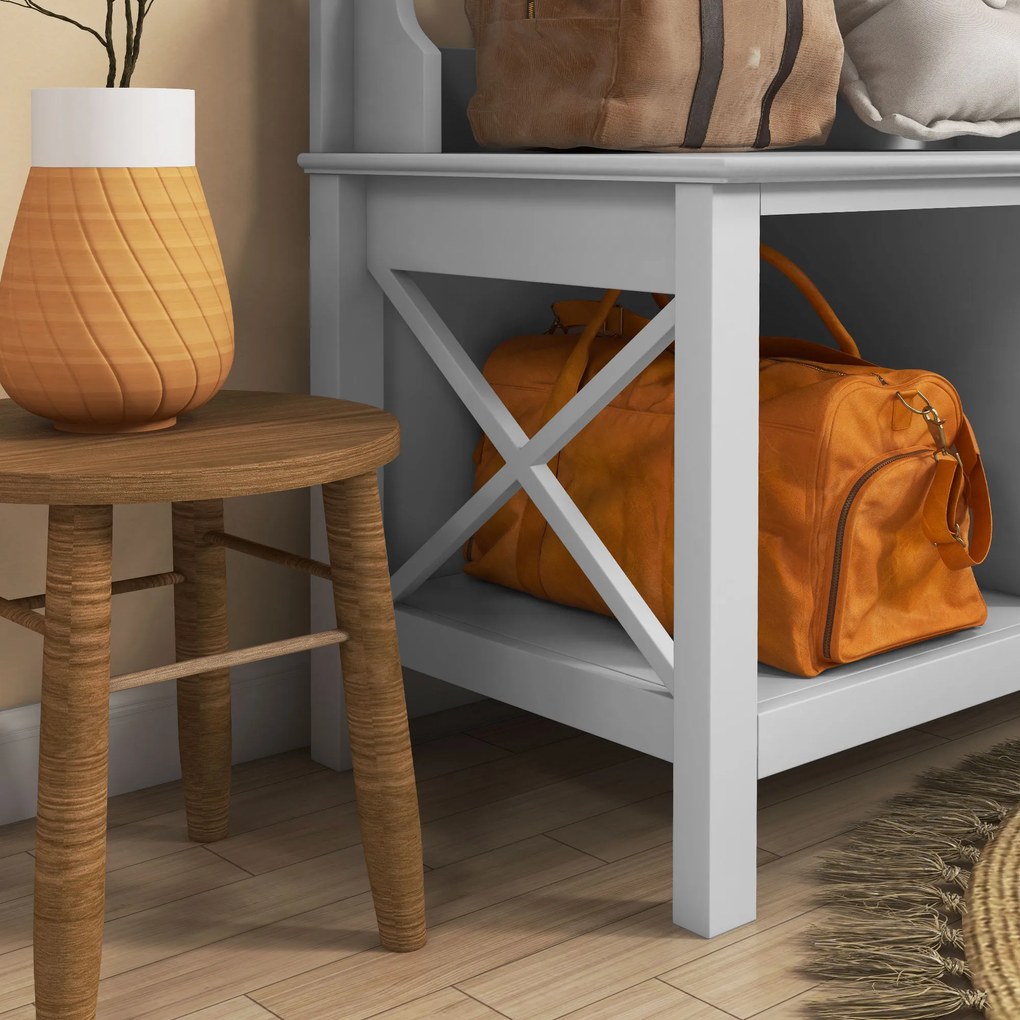 HOMCOM Suport pentru Haine cu Pantofi din Lemn cu 2 Rafturi și 3 Cârlige pentru Agățat Rucsacuri 80,5x40x168 cm Alb | Aosom Romania