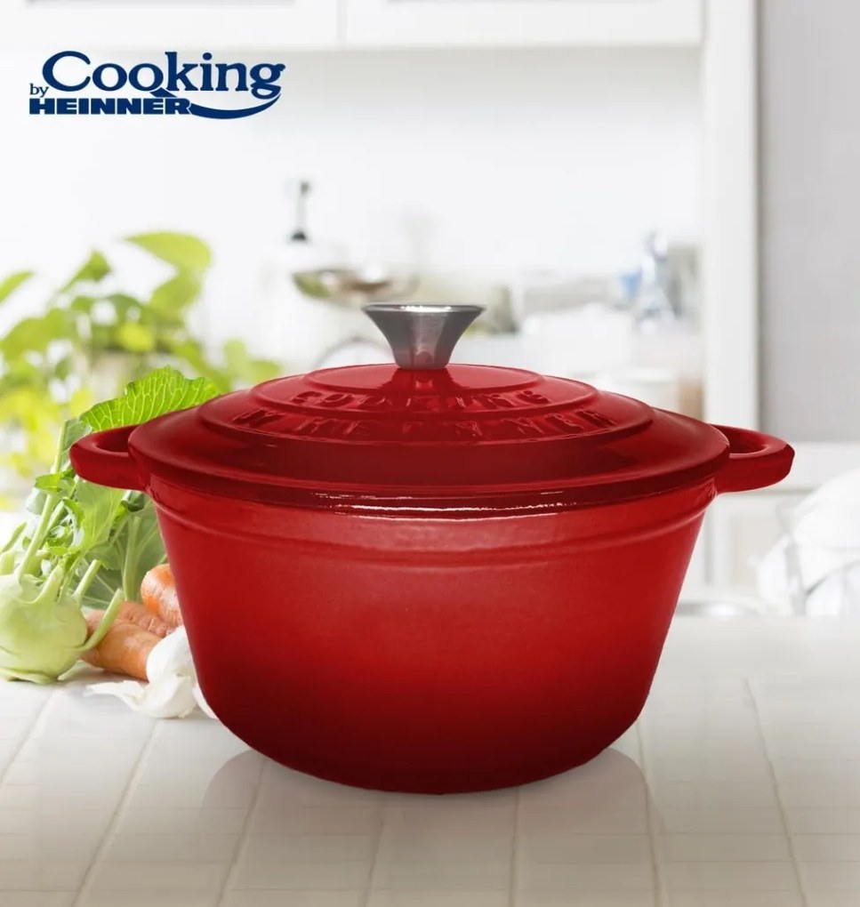 Oală din fontă emailată cu capac 24x11.5 cm, 4L – Cooking by Heinner, Colecția Red Line HR-KN-SM4, pentru supe, tocane și coacere lentă