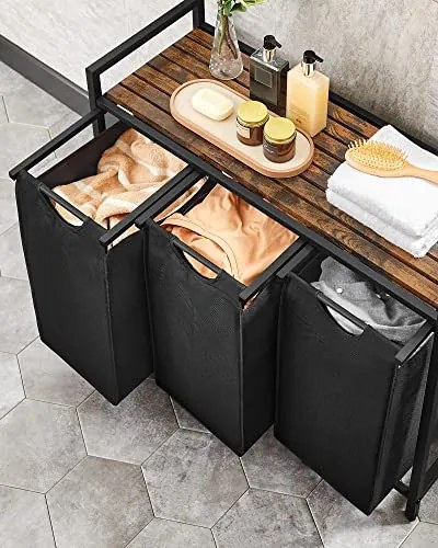 Coș de rufe cu poliță BERGEN, 3x38l, negru/maro SongmicsHome