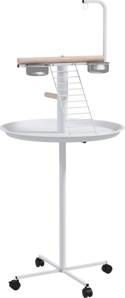 PawHut Manoniera pentru păsări pe suport cu 4 role perche 2 bols detasabile tava rotundă din oțel inoxidabil Ø 60 x 138A cm alb | Aosom Romania