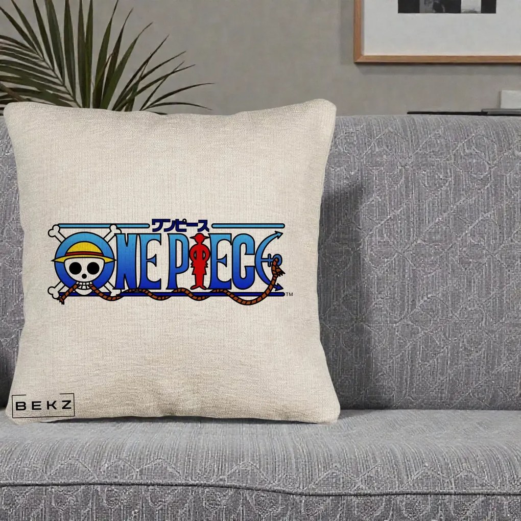Perna Personalizata One Piece Clasic Albastru, 40x40 cm, Bej Canapea, Husa Detasabila, Perna Inclusa, BEKZ®