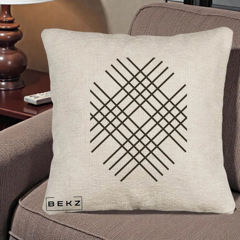 Perna Decorativa Geometric Grid, 40x40 cm, Bej Canapea, Husa Detasabila, Perna Inclusa, BEKZ®