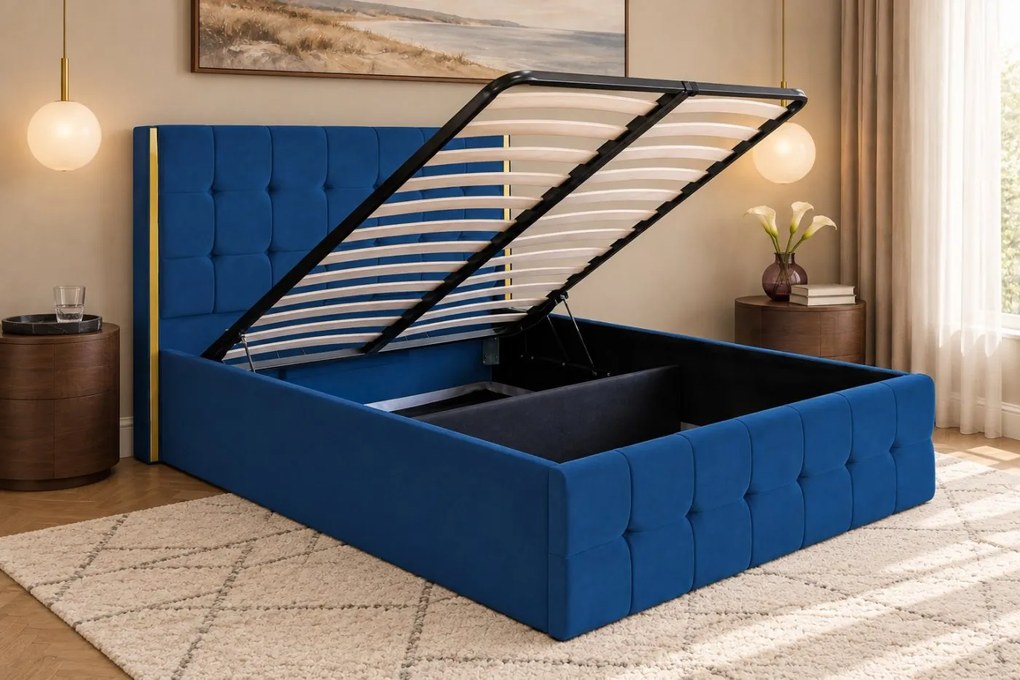Pat tapițat din catifea Aven 140×200 cm, albastru, cu ladă de depozitare