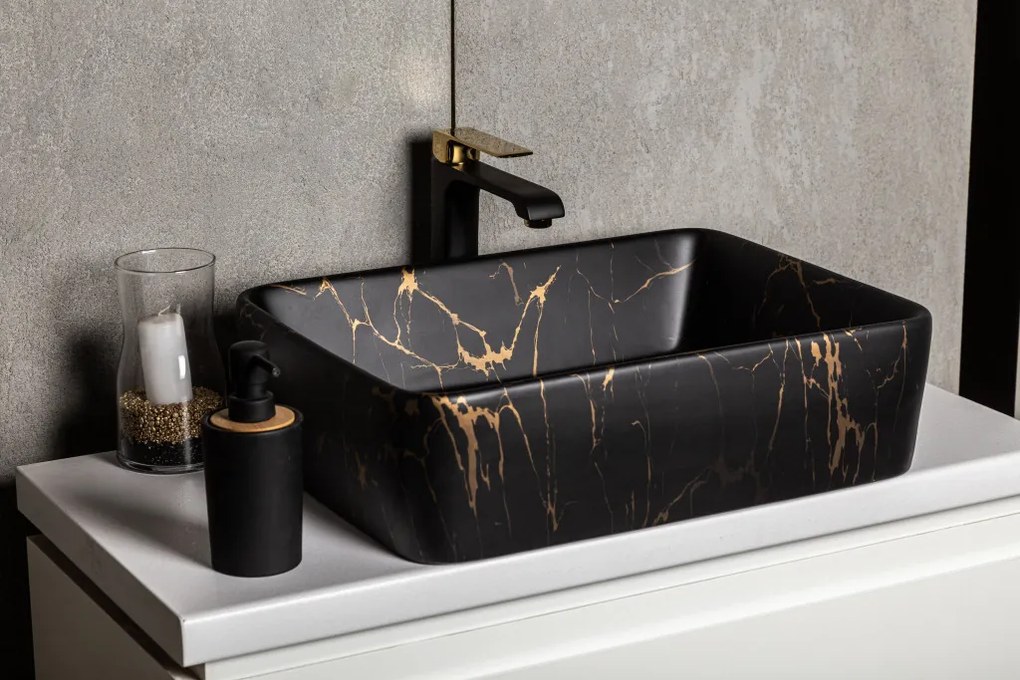 Lavoar ceramic KR-182 cu model de marmură neagră și aurie