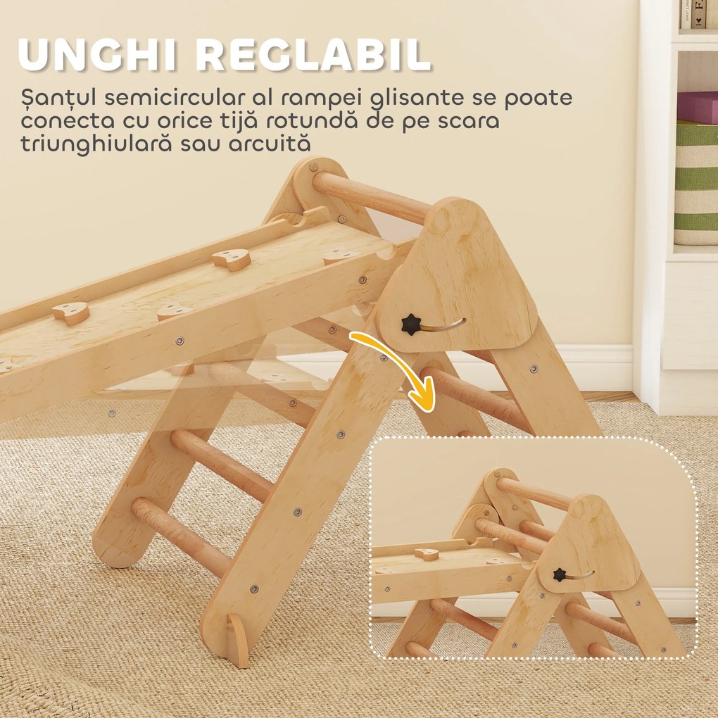 AIYAPLAY Joc pentru Copii 5 în 1 cu Triunghi, Tobogan Neted și Arc, din Lemn de Plop și Pin, 188x70x59 cm | Aosom Romania