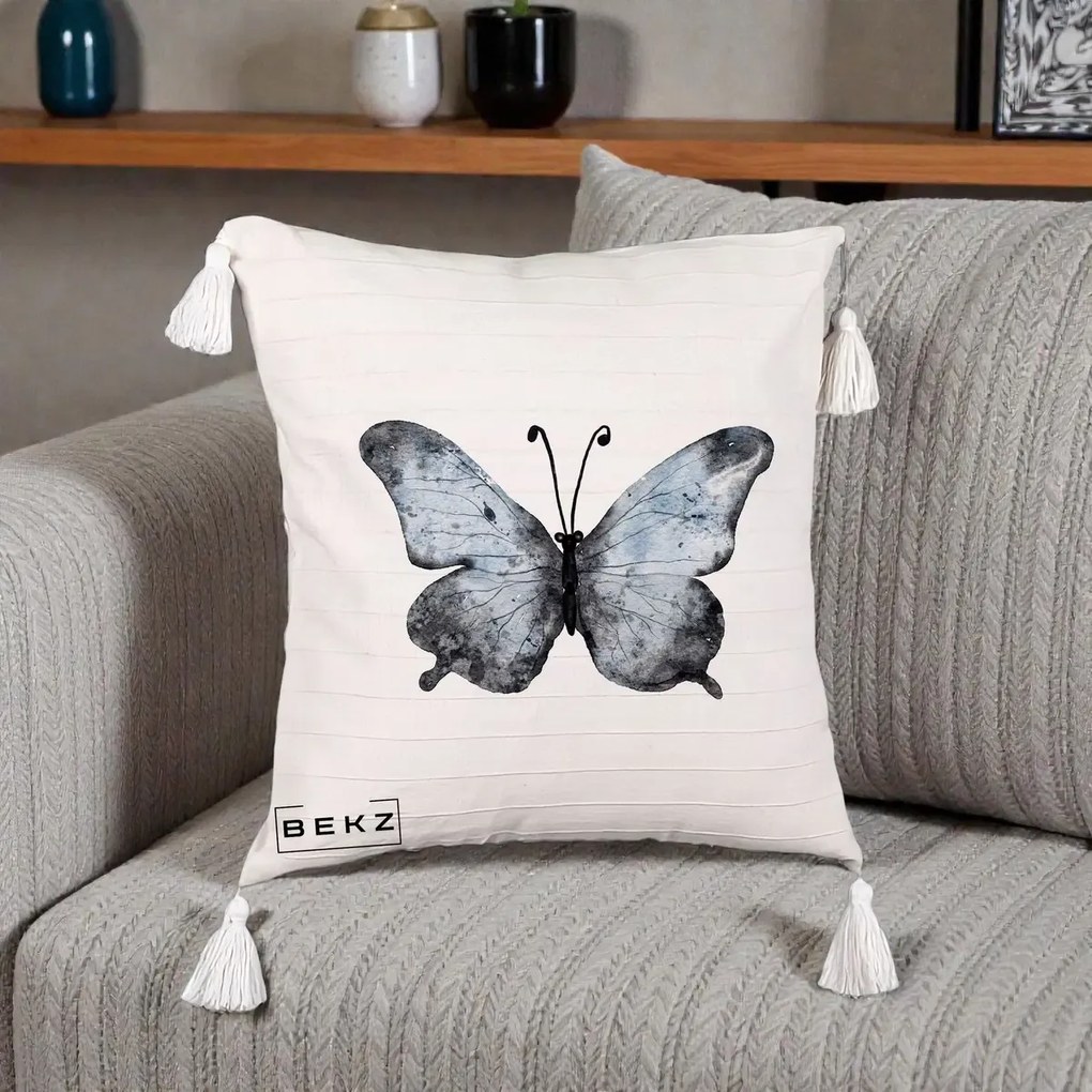 Perna Decorativa Fluture Acuarela Albastru-Gri, 40x40 cm, Bej cu Franjuri, Husa Detasabila, Perna Inclusa, BEKZ®