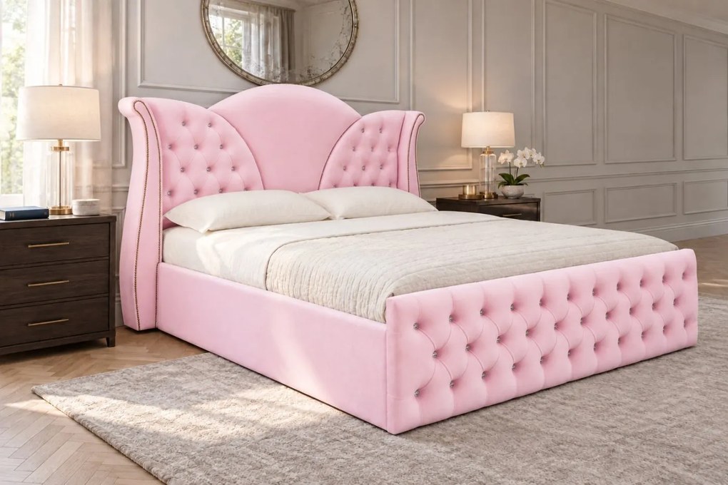 Pat tapițat Chesterfield din catifea Velora Cristal 180×200 cm, roz, cu ladă de depozitare
