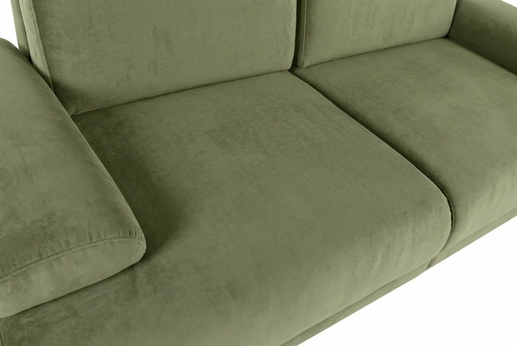 Canapea extensibilă cu 3 locuri din bumbac, verde, spătar rabatabil, picioare sferice din lemn, material rezistent la pete, 95 x 245 x 125 cm,