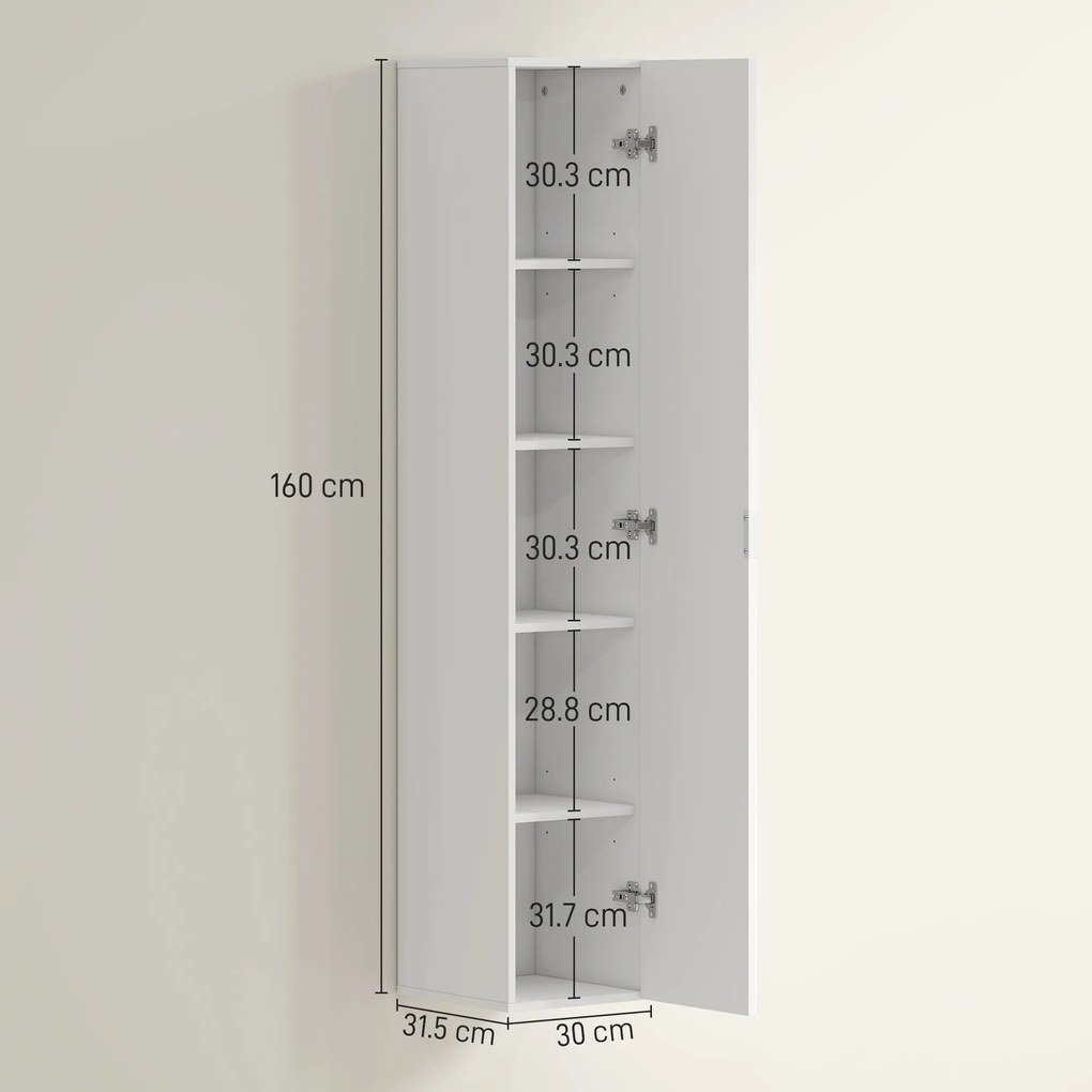 HOMCOM Dulap de Baie Suspendat, Colona de Baie cu 5 Niveluri și Rafturi Reglabile, Închidere Amortizată Soft Close, Dulap Salvaspațiu Modern, 30x31.5x160 cm, Alb | Aosom Romania