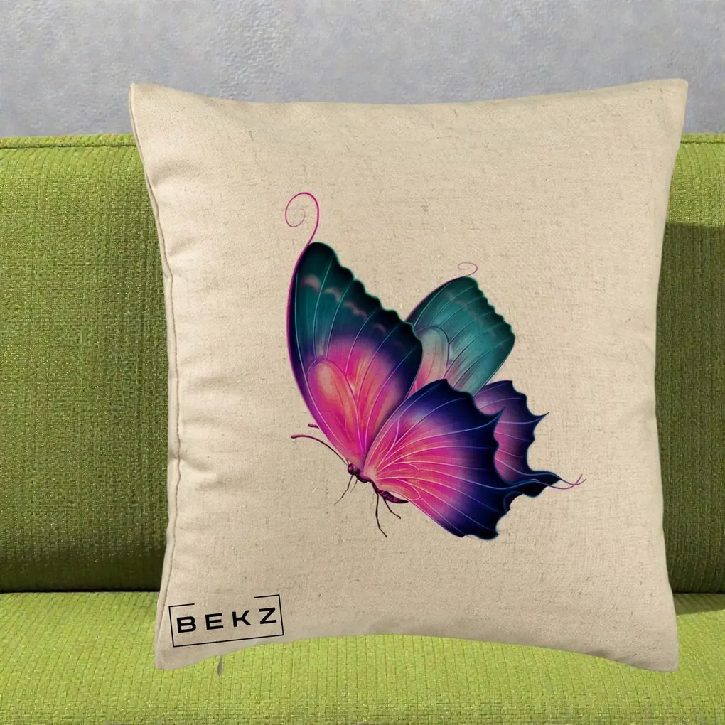 Perna Decorativa Fluture Neon, 40x40 cm, Bej, Husa Detasabila, Perna Inclusa, BEKZ®
