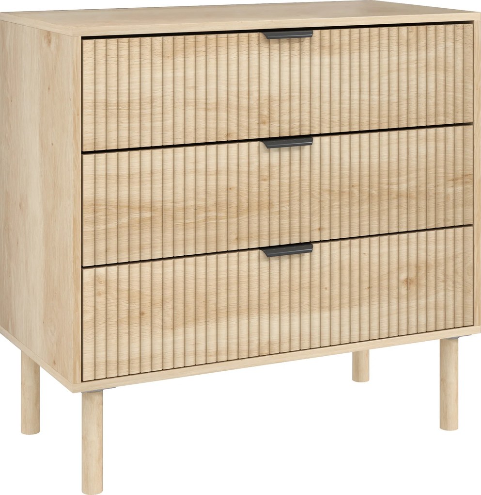 HOMCOM Comodă cu 3 Sertare, Picioare din Lemn Masiv și Design Canelat, 80x40x77,5 cm, Lemn Natural | Aosom Romania