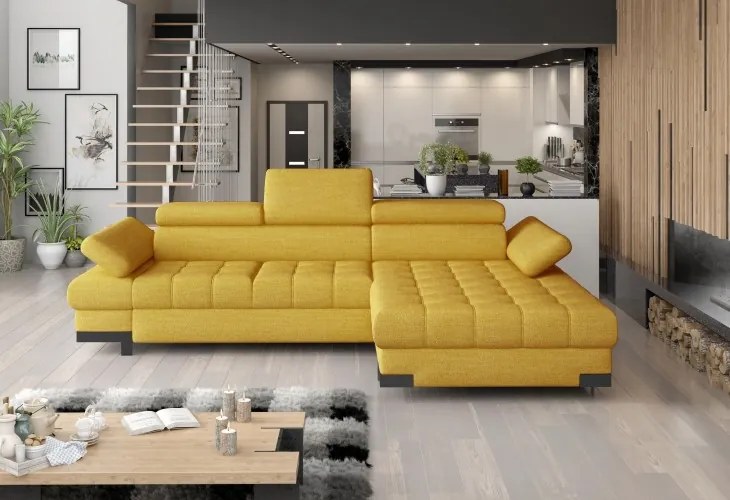Coltar extensibil cu lada de depozitare, cu sezlong pe dreapta, tapitat cu stofa Selva Mini Mustariu, l270xA173xH75 cm