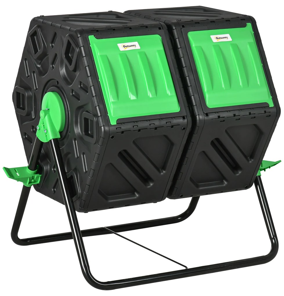 Outsunny Compostor de grădină bac pentru compost resturi rotativ 360° dublă cameră 130 L oțel PP 67 x 60 x 77 cm negru | Aosom Romania
